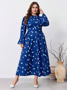 Lacomfia Vestido casual plisado de manga larga con cuello redondo y estampado todo sobre talla grande