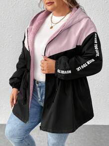 SHEIN CURVE+ Plus Size Hooded Splice Contrast Color Jacket For Women, For Winter