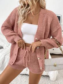 SHEIN LUNE Setelan Sweater Rajut Longgar Leher V dan Celana Pendek Bergaya Eropa dan Amerika, Pakaian Musim Gugur/Dingin untuk Wanita - Dusty Pink - View 4
