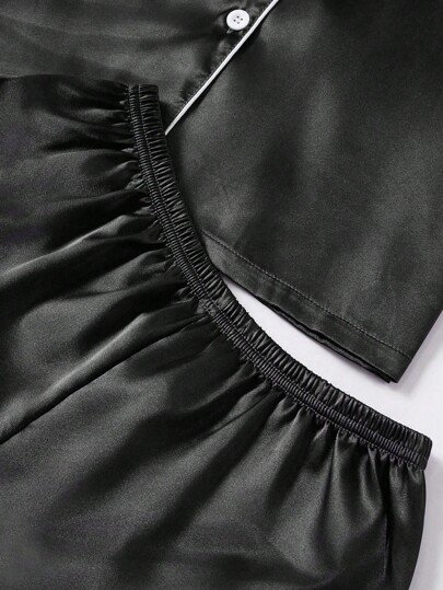 Contrast Faux Zijden Collared Pajama Set view 5