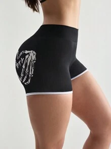 SHEIN Sports Damen nahtlose Halloween Sport Shorts mit Totenkopf- und Handmotiv