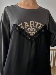 FRIFUL Women's Spring Summer Black Crown & Letter Print Loose 2 In 1 Long Sleeve Casual Lace T-Shirt