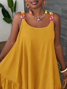 Slaydiva Vestido de verano holgado de línea A con correa de cadena casual de talla grande - Mostaza Amarilla - Ver 5