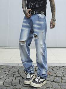 Manfinity Hypemode Men's Casual Distressed Washed Baggy Denim Jeans