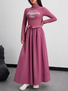 Mulvari Vestido maxi modesto de manga larga con cuello alto, estampado con letra, sencillo y sobrio para mujer