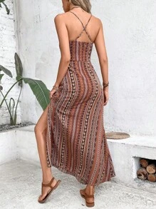 SHEIN Holidaya Váy yếm hở lưng hở lưng in họa tiết cổ điển, trang phục đi biển giản dị cho kỳ nghỉ Maxi dành cho phụ nữ - Nhiều màu - Xem 2