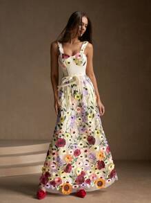 Anewsta 3D Flower Accent Waist Tie Strap Dress - Multicolor - View 3