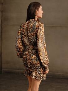 Anewsta Elegant Snake Skin Print Women Short Dress, Spring Autumn - Brown - View 4