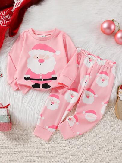SHEIN Playful Pals Baby Girl Santa Claus Print Long Sleeve Top And Pants Casual Outfit, For Christmas