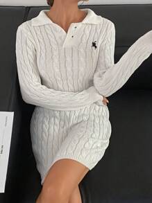 SHEIN Frenchy 女式秋冬骑士图案长袖修身休闲毛衣连衣裙 - 杏色 - 查看 2