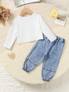 Bộ 2 món/Bộ áo thun in chữ và ngôi sao màu trắng thường ngày cho bé gái và quần denim xanh giặt, Bộ thu đông - trắng - Xem 2