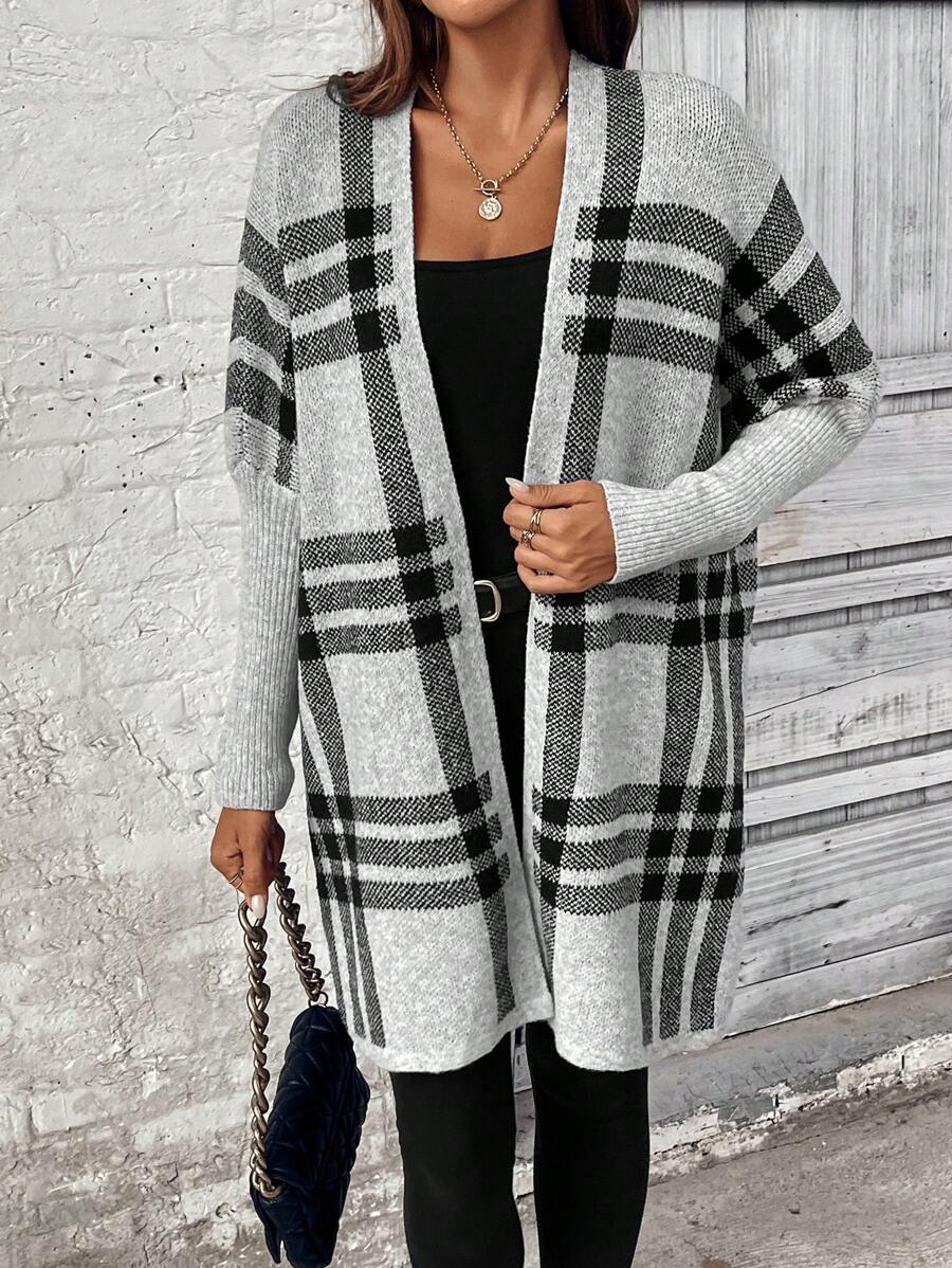 SHEIN Clasi Long Sleeve Plaid Cardigan Top, Casual Everyday Wear - Grey - View 1