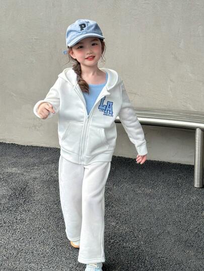 SHEIN 2 件套年轻女孩运动休闲舒适连帽运动衫和裤子套装，秋冬