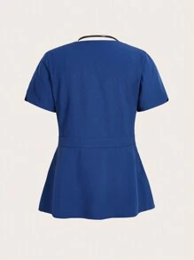 TaskEZ 2pcs Set Of Solid Color Front Zipper Short Sleeve Top And Front Tie Pants Uniform Scrub Set - Navy Blue - View 4