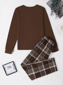 2pcs Set Teen Girl Ribbed Knit Basic Top And Plaid Print Pants, Fall/Winter Lounge Pajama Set - Brown - View 2