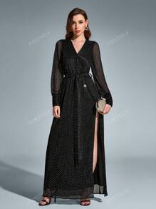 PARTHEA V-Neck Side Split Tie Ruched Round Dot Long Dress