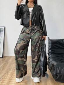 EMERY ROSE Plus Size PU Zipper Front Decorated Jacket, Long Sleeve Short Windbreaker, For Winter Fall Cloth For Women Autumn - Black - View 3