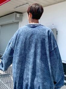 Manfinity Hypemode Áo nỉ hở vai in chữ denim xanh nhạt cho nam cỡ lớn - Rửa nhẹ - Xem 2