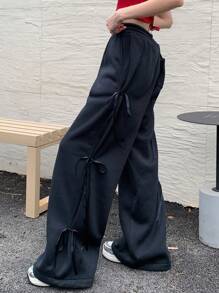 DAZY 女士纯色侧系带休闲长裤，日常休闲，带保暖内衬 - 藏蓝色 - 查看 10