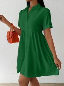 SHEIN Unity 夏季纯色翻领短袖休闲梭织衬衫荷叶边上衣 - 綠色 - 查看 6