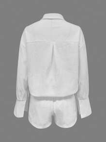INAWLY 2pcs Women's Casual Solid Color Long Sleeve Shirt And Shorts Set, Spring Summer - White - View 2