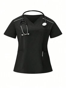 SHEIN TaskFit 大码纯色短袖上衣和裤子手术服套装 - 黑色 - 查看 7