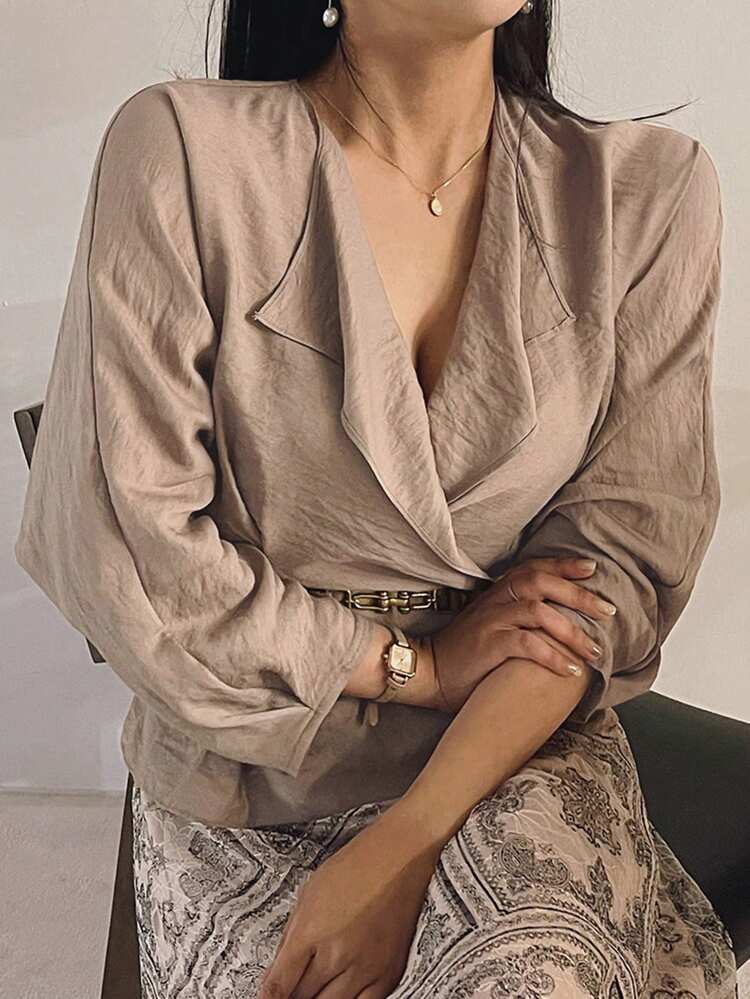 Women's Solid Color Cross Wrap Elegant Long Sleeve Blouse