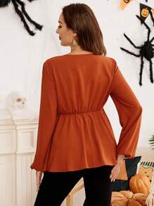 SHEIN Camicia svasata allentata per gravidanza con scollo a V, maniche a lanterna e decorazione a bottoni - Arancione - Visualizzare 2