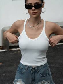 INAWLY Women's Summer Slim V Neck Hollow Out Top With Back Cross Strap Design - White - View 3