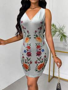 SHEIN Clasi Women's V-Neck Sleeveless Floral Print Casual Mini Dress