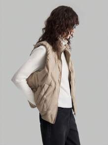 Ontre Khaki Special Quilted High Collar Down Filled Casual Vest