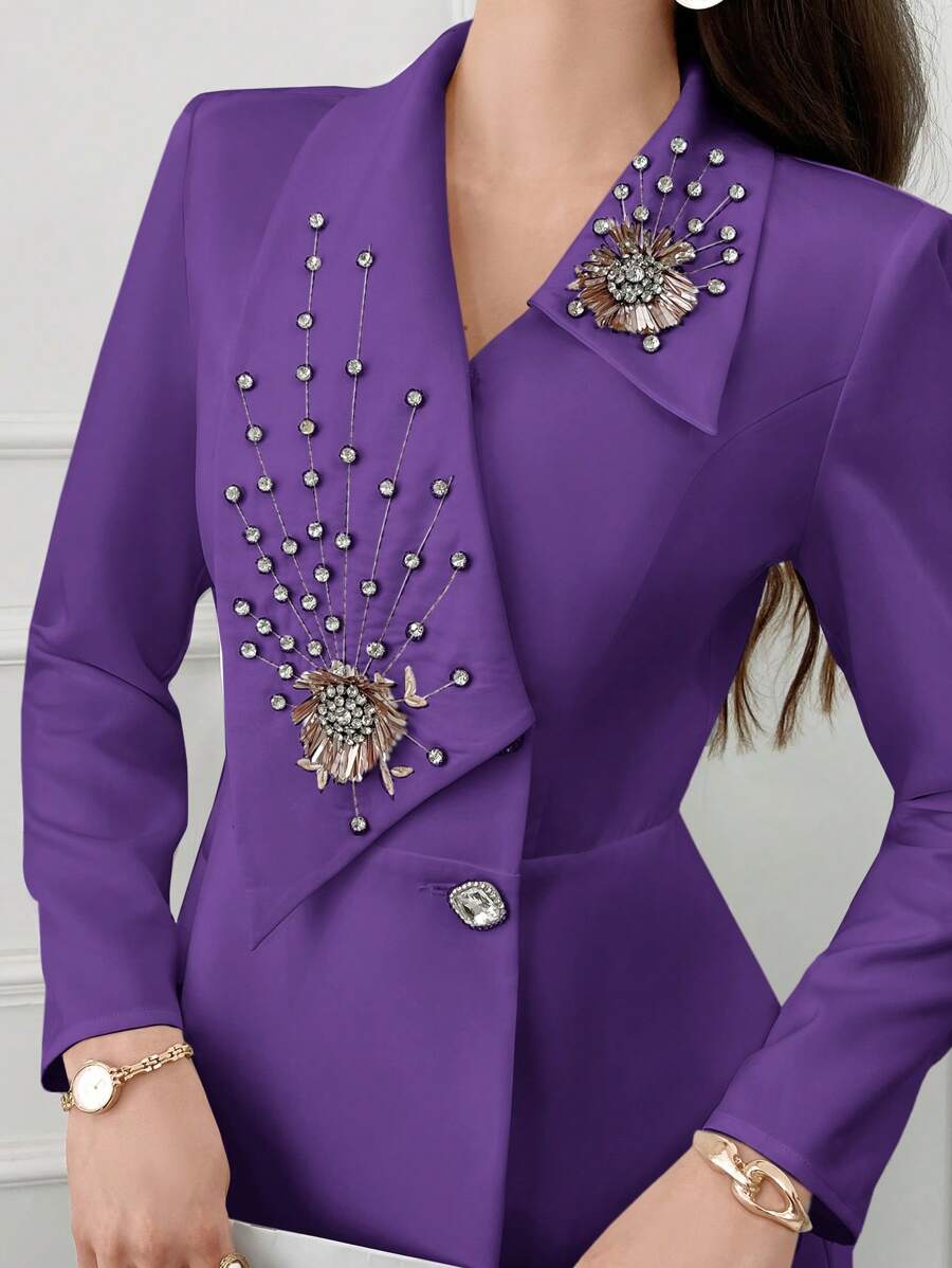 Modelyn Women's Spring Autumn Rhinestone-Studded Single Breasted Elegant Office Blazer - Purple - View 1