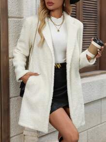 SHEIN Clasi 1pc Women's Textured Felt Long Coat, White, Suitable For Daily Commuting - White - View 4