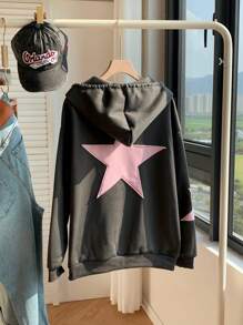 Comfortcana Áo hoodie có dây rút, vai khoét hình ngôi sao, tốt nghiệp, trang phục trở lại trường, tốt nghiệp, trang phục giáo viên dành cho nữ, trở lại trường vào mùa thu/đông - Xám - Xem 3