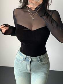 DAZY 女式长袖修身网眼拼接 T 恤外出上衣，秋季女装 - 黑色 - 查看 4