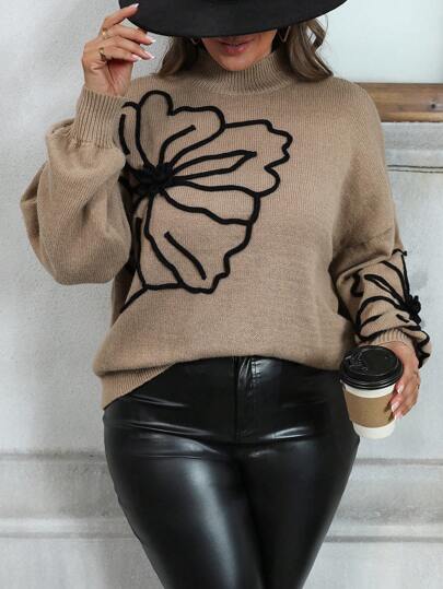 EMERY ROSE Plus Size Stand Collar Floral Patchwork Simple Casual Pullover Sweater, Winter Knit Pullover Fall Outfit Autumn