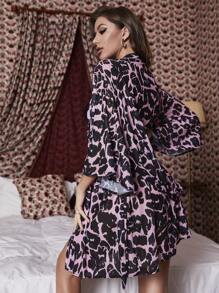 Women's Long Sleeve Fashionable Leopard Print Mesh Robe - Pink - View 2