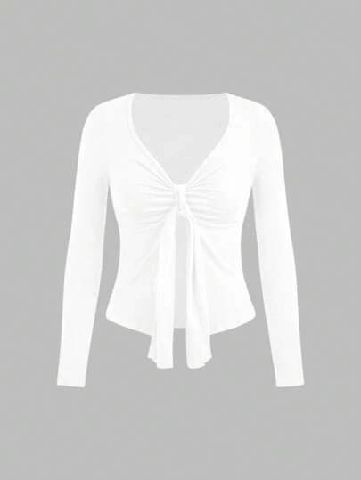 TRNVIE Women's Solid Color Front Twist Long Sleeve Casual T-Shirt, Spring & Summer Fall Cloth For Women