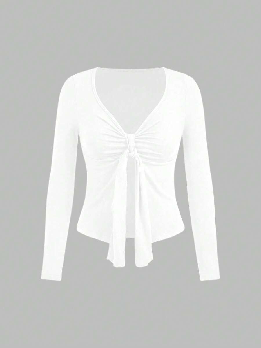 TRNVIE Áo thun nữ tay dài đơn sắc, xoắn phía trước, thường ngày, mùa xuân và mùa hè - trắng - Xem 1