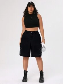 SHEIN ICON 有星星破損印花的大碼牛仔短褲，鈕扣開衩和多個口袋，適用於休閒日常穿著 - 黑色 - 查看 3