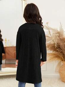 SHEIN Jaqueta Casual Confortável para Menina Jovem, Frontal Aberto, Manga Longa, Cor Sólida Sem Bolso, Outono(9), Inverno(2), Preto