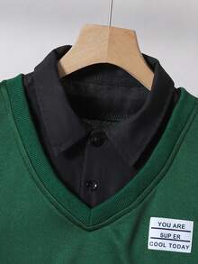 SHEIN 2 件套青少年男童休闲字母印花二合一长袖西装套装，绅士风格 - 彩色 - 查看 6