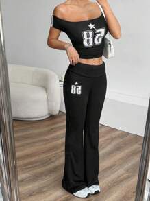 Muchica 女士五角星和数字印花露肩短款上衣和喇叭裤休闲紧身套装