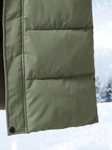 Manteau matelassé long décontracté et ample avec capuche en fourrure et motif de lettres pour filles pré-adolescentes en hiver - Militaire verte - Voir 5