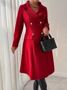 RosyDaze Abrigo de lana rojo con cuello alto, 3 filas de botones y bolsillos para ropa de Año Nuevo - Rojo - Ver 4