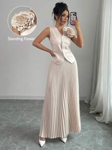 Chiquease 2pcs Women's Fall 3D Flower Embellished Sleeveless Vest And A-Line Pleated Skirt Suit Set
