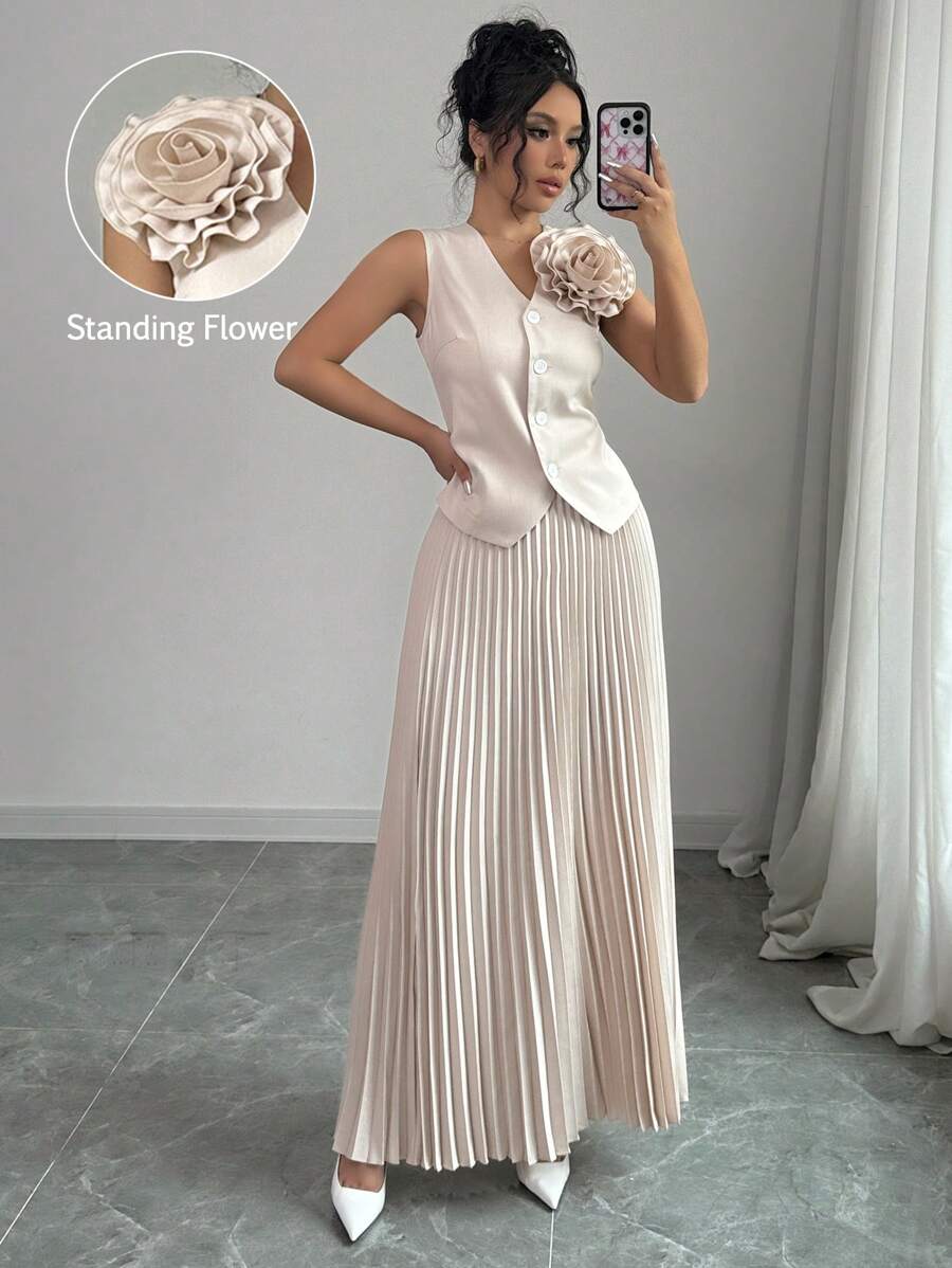 Chiquease 2pcs Women's Fall 3D Flower Embellished Sleeveless Vest And A-Line Pleated Skirt Suit Set