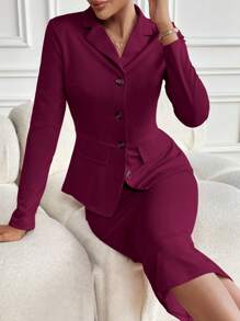 Chiquease Lapel Collar Single-Breasted Blazer And A-Line Skirt Set - Burgundy - View 4