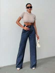 EURMUSE VAQUEROS DE PIERNA ANCHA DE CINTURA BAJA PARA MUJERES - Azul lavado oscuro - Ver 8