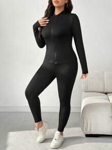 CovetEZ Plus Size Black Slimming High Stretch Shaping Leggings Sets - Black - View 9